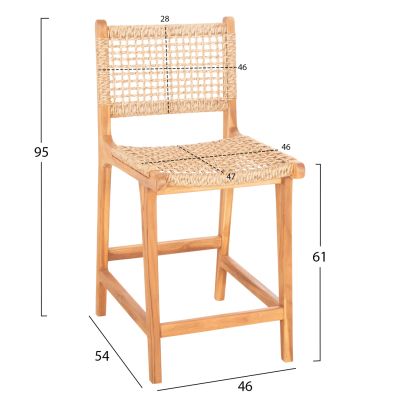 BAR STOOL WITH BACKREST NESHA HM9381.11 TEAK WOOD & VIRO ROPE 46x53x96 cm.