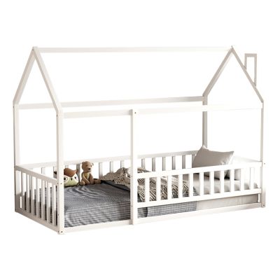 BED FOR KIDS WITH RAILINGS HOUSER HM706.03 t.MONTESSORI SOLID PINE WOOD IN WHITE- 190x90cm.