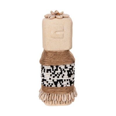 TABLE STATUETTE SUMBA HM4309 MADE OF WHITE PARAS STONE-BEADS-SEAGRASS ROPE 7x7x17Hcm.
