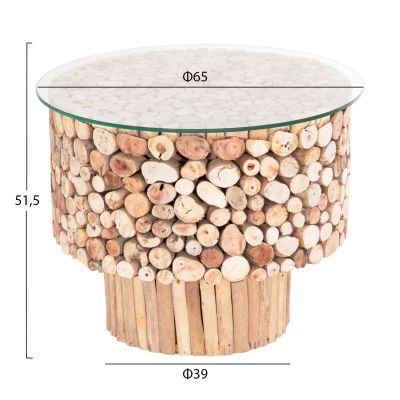 COFFEE TABLE ROUND SPARROW HM9963 DRIFTWOOD--GLASS Φ65x51.5Hcm.