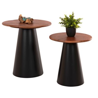 SIDE TABLES 2PCS SUNNI HM9669 BLACK METAL-WALNUT COLORED MANGO TOP Φ48,5 & Φ39,5 cm.