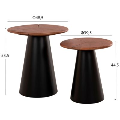 SIDE TABLES 2PCS SUNNI HM9669 BLACK METAL-WALNUT COLORED MANGO TOP Φ48,5 & Φ39,5 cm.