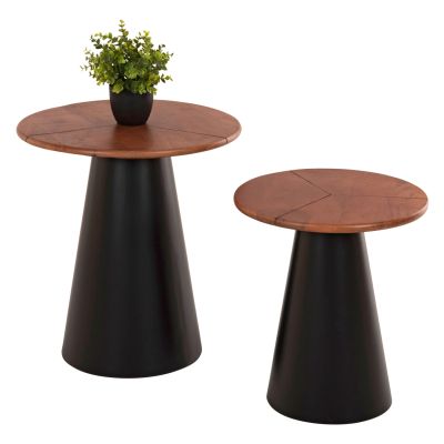 SIDE TABLES 2PCS SUNNI HM9669 BLACK METAL-WALNUT COLORED MANGO TOP Φ48,5 & Φ39,5 cm.