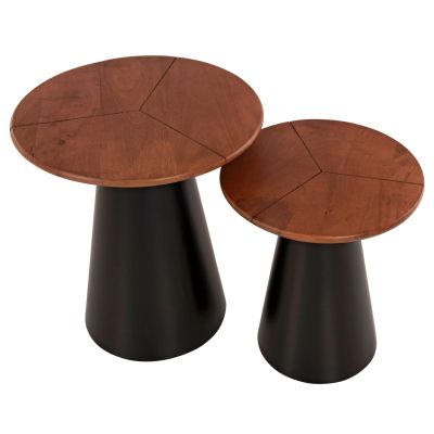 SIDE TABLES 2PCS SUNNI HM9669 BLACK METAL-WALNUT COLORED MANGO TOP Φ48,5 & Φ39,5 cm.