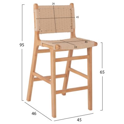 BARSTOOL MEDIUM-HEIGHT HM9332.01 RUBBERWOOD & ROPE- NATURAL COLOR 45x46x95Hcm.