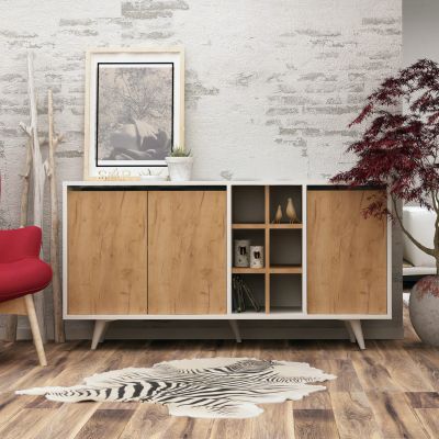 BUFFET MELAMINE WHITE WITH WALNUT DOORS 140x40x86Hcm.HM9432.01