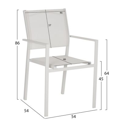 OUTDOOR DINING SET HM11826 5PCS WHITE ALUMINUM TABLE AND METAL ARMCHAIRS WITH WHITE TEXTLINE