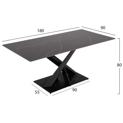 DINING TABLE RECTANGULAR RUBBY HM9849.02 CERAMIC TOP IN BLACK MARBLE-BLACK METAL BASE 180x90x77Hcm.