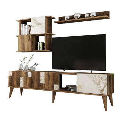 TV FURNITURE SET TRONDE HM9437.03 MELAMINE IN WALNUT AND WHITE MARBLE LOOK 180x33.8x48.6Hcm.