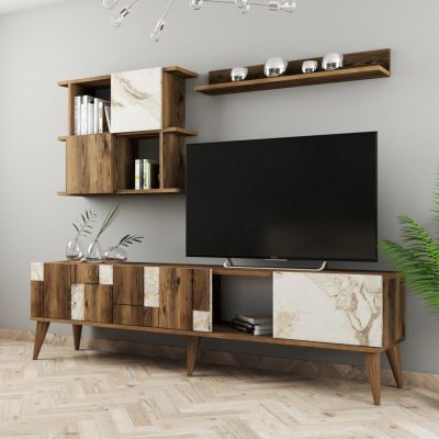 TV FURNITURE SET TRONDE HM9437.03 MELAMINE IN WALNUT AND WHITE MARBLE LOOK 180x33.8x48.6Hcm.