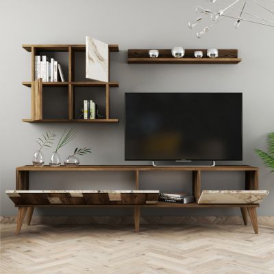 TV FURNITURE SET TRONDE HM9437.03 MELAMINE IN WALNUT AND WHITE MARBLE LOOK 180x33.8x48.6Hcm.