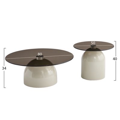 SET 2 COFFEE TABLES BELLINS HM18313.04 BEIGE METAL BASES--GLASS TOPS Φ50cm & Φ80cm