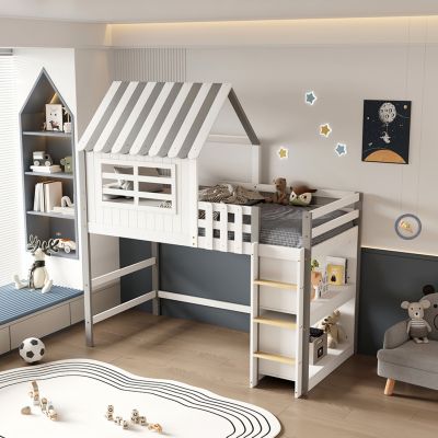KID'S BED t.MONTESSORI WITH SHELVES HOMI HM712 PINE WOOD IN WHITE-GREY FOR MATTRERSS 90x190cm.