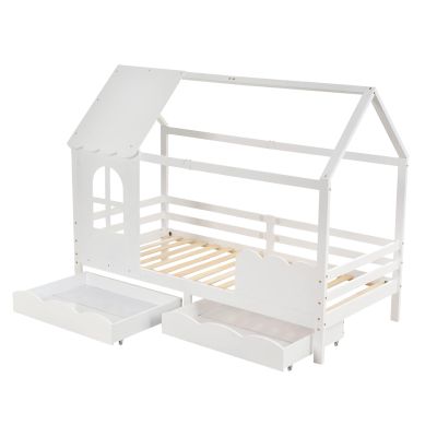 KID'S BED t.MONTESSORI WITH 2 DRAWERS DOMER HM710.03 PINE WOOD IN WHITE-MATTRESS 90x190cm.