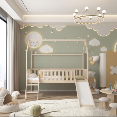 BED WITH SLIDE PHYLLIS HM21310 PINE WOOD IN NATURAL--WITH MATTRESS 90x190cm