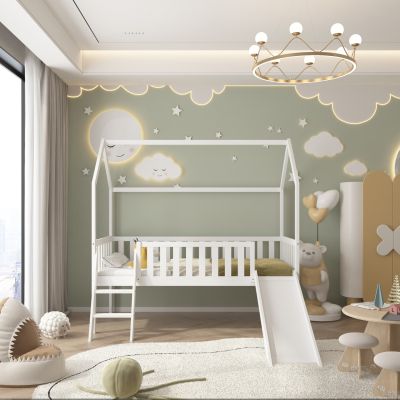 BED WITH SLIDE PHYLLIS HM21310.01 PINE WOOD IN WHITE--WITH MATTRESS 90x190cm