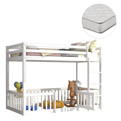 BUNK BED WITH PLAYPARK PLAYKID HM21312.01 PINE WOOD IN WHITE--WITH MATTRESS 90x190cm