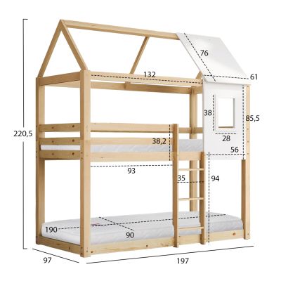 BUNK BED WITH 2 MATTRESSES HOOD HM21314 PINE WOOD IN NATURAL COLOR--FOR MATTRESSES 90x190cm