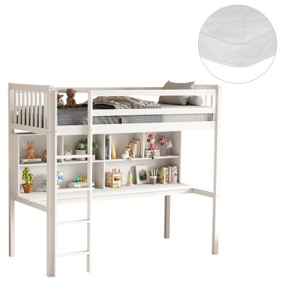 BUNK BED WITH DESK LIBRO HM21317 PINE WOOD IN WHITE--WITH MATTRESS 90x190cm