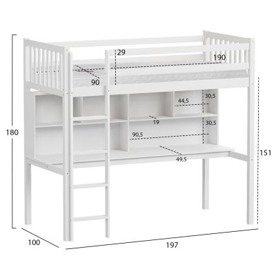 BUNK BED WITH DESK LIBRO HM21317 PINE WOOD IN WHITE--WITH MATTRESS 90x190cm