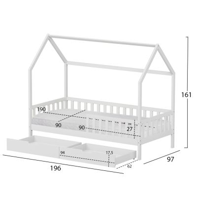 BED WITH DRAWERS PHYLLIS HM21324.01 PINE WOOD IN WHITE--WITH MATTRESS 90x190cm