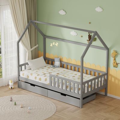 BED WITH DRAWERS PHYLLIS HM21324.02 PINE WOOD IN GREY--WITH MATTRESS 90x190cm