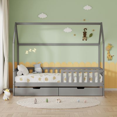 BED WITH DRAWERS PHYLLIS HM21324.02 PINE WOOD IN GREY--WITH MATTRESS 90x190cm