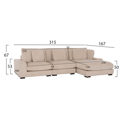CORNER SOFA RIGHT CRANFIELD HM3287.02R BEIGE CORD FABRIC 313x169(corner)x80Hcm.