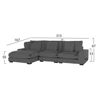 CORNER SOFA LEFT CRANFIELD HM3287.01L GREY CORD FABRIC 313x169(corner)x80Hcm.