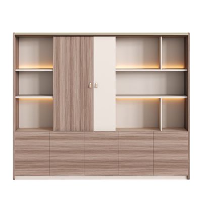BOOKCASE SERIES SUPERON HM2140 MELAMINE IN BEIGE & NATURAL WOOD--LED LIGHTING 240x40x200Hcm.