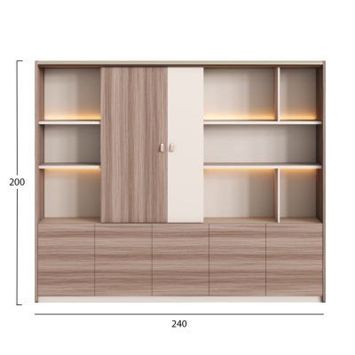 BOOKCASE SERIES SUPERON HM2140 MELAMINE IN BEIGE & NATURAL WOOD--LED LIGHTING 240x40x200Hcm.