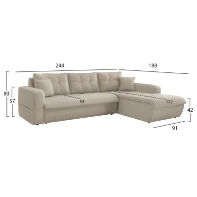 CORNER SOFABED RIGHT KANSO HM3338.03R BEIGE FABRIC 244x188x80Hcm.