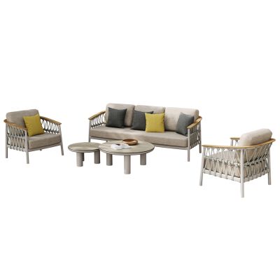 OUTDOOR LOUNGE SET 5PCS STREAM HM6426.02 ALUMINUM IN CREAM WHITE--BEIGE STRAP ROPE & OLEFIN FABRIC