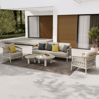 OUTDOOR LOUNGE SET 5PCS STREAM HM6426.02 ALUMINUM IN CREAM WHITE--BEIGE STRAP ROPE & OLEFIN FABRIC