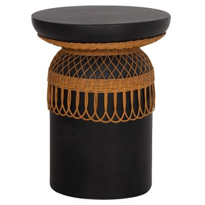 SIDE TABLE ROUND PRILEP HM18159.01 FIBER CEMENT IN BLACK & RATTAN--Φ60x76.5Hcm.
