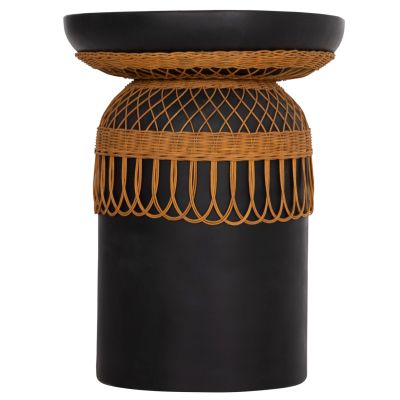 SIDE TABLE ROUND PRILEP HM18159.01 FIBER CEMENT IN BLACK & RATTAN--Φ60x76.5Hcm.
