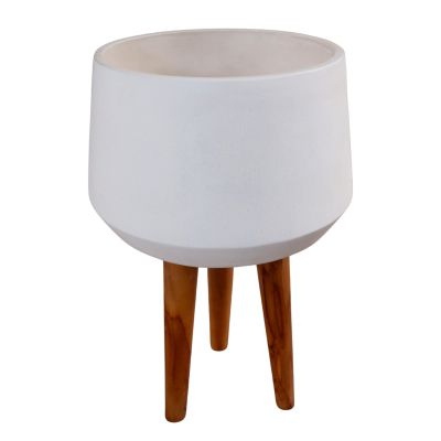 INDOOR POT QUAN HM4680.02L FIBER CEMENT IN WHITE--TEAK BASE Φ40x85Hcm