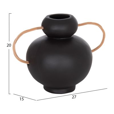 DECORATIVE VASE MIBO HM4688.01S TERRACOTTA IN BLACK--HANDLES NATURAL RATTAN 27x15x20Hcm