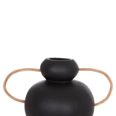 DECORATIVE VASE MIBO HM4688.01S TERRACOTTA IN BLACK--HANDLES NATURAL RATTAN 27x15x20Hcm