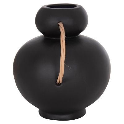 DECORATIVE VASE MIBO HM4688.01S TERRACOTTA IN BLACK--HANDLES NATURAL RATTAN 27x15x20Hcm