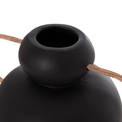 DECORATIVE VASE MIBO HM4688.01S TERRACOTTA IN BLACK--HANDLES NATURAL RATTAN 27x15x20Hcm