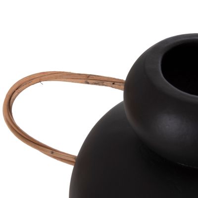 DECORATIVE VASE MIBO HM4688.01S TERRACOTTA IN BLACK--HANDLES NATURAL RATTAN 27x15x20Hcm