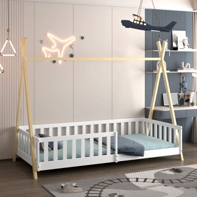 BED FOR KIDS WITH RAILING MUNK HM739.03 t.MONTESSORI-PINE WOOD IN NATURAL-WHITE FOR MATTRESS 190x90cm.