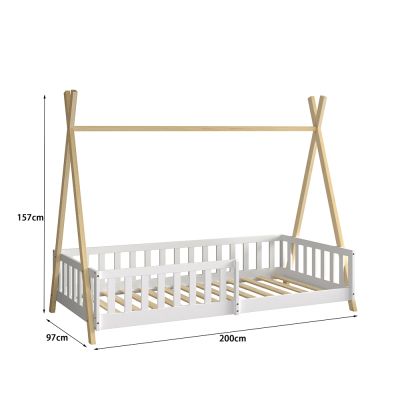 BED FOR KIDS WITH RAILING MUNK HM739.03 t.MONTESSORI-PINE WOOD IN NATURAL-WHITE FOR MATTRESS 190x90cm.