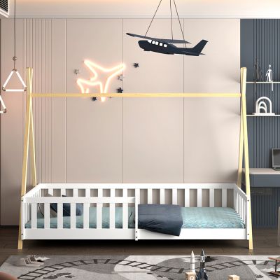 BED FOR KIDS WITH RAILING MUNK HM739.03 t.MONTESSORI-PINE WOOD IN NATURAL-WHITE FOR MATTRESS 190x90cm.