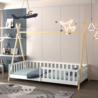 BED FOR KIDS WITH RAILING MUNK HM739.03 t.MONTESSORI-PINE WOOD IN NATURAL-WHITE FOR MATTRESS 190x90cm.