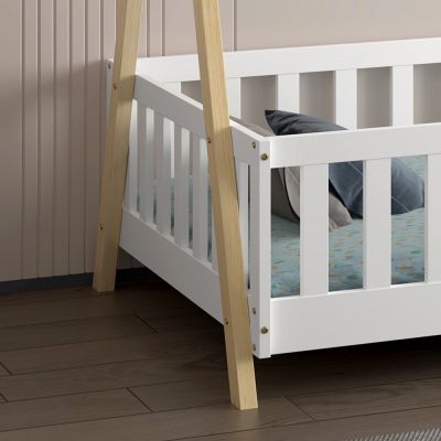 BED FOR KIDS WITH RAILING MUNK HM739.03 t.MONTESSORI-PINE WOOD IN NATURAL-WHITE FOR MATTRESS 190x90cm.