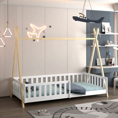 BED FOR KIDS WITH RAILING MUNK HM739.03 t.MONTESSORI-PINE WOOD IN NATURAL-WHITE FOR MATTRESS 190x90cm.