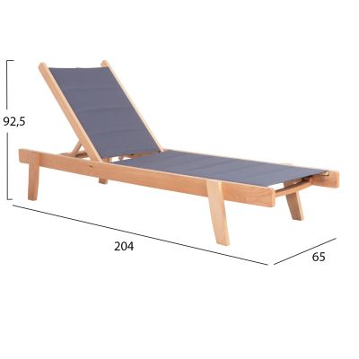 BEACH LOUNGER MILOS HM10650.02 BEECH WOOD IN NATURAL-GREY TEXTILENE CUSHION COVER 204x65x31,5-92,5Hcm.