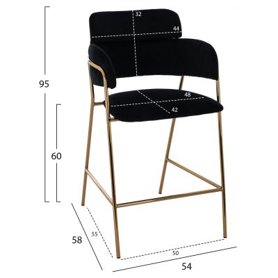 СРЕДНА ВИСОЧИНА ТАБУРЕТКА HM8735.04 КАДИФЕНА ЧЕРНА ПОЗЛАТЕНА РАМКА 54x58x95Y cm.